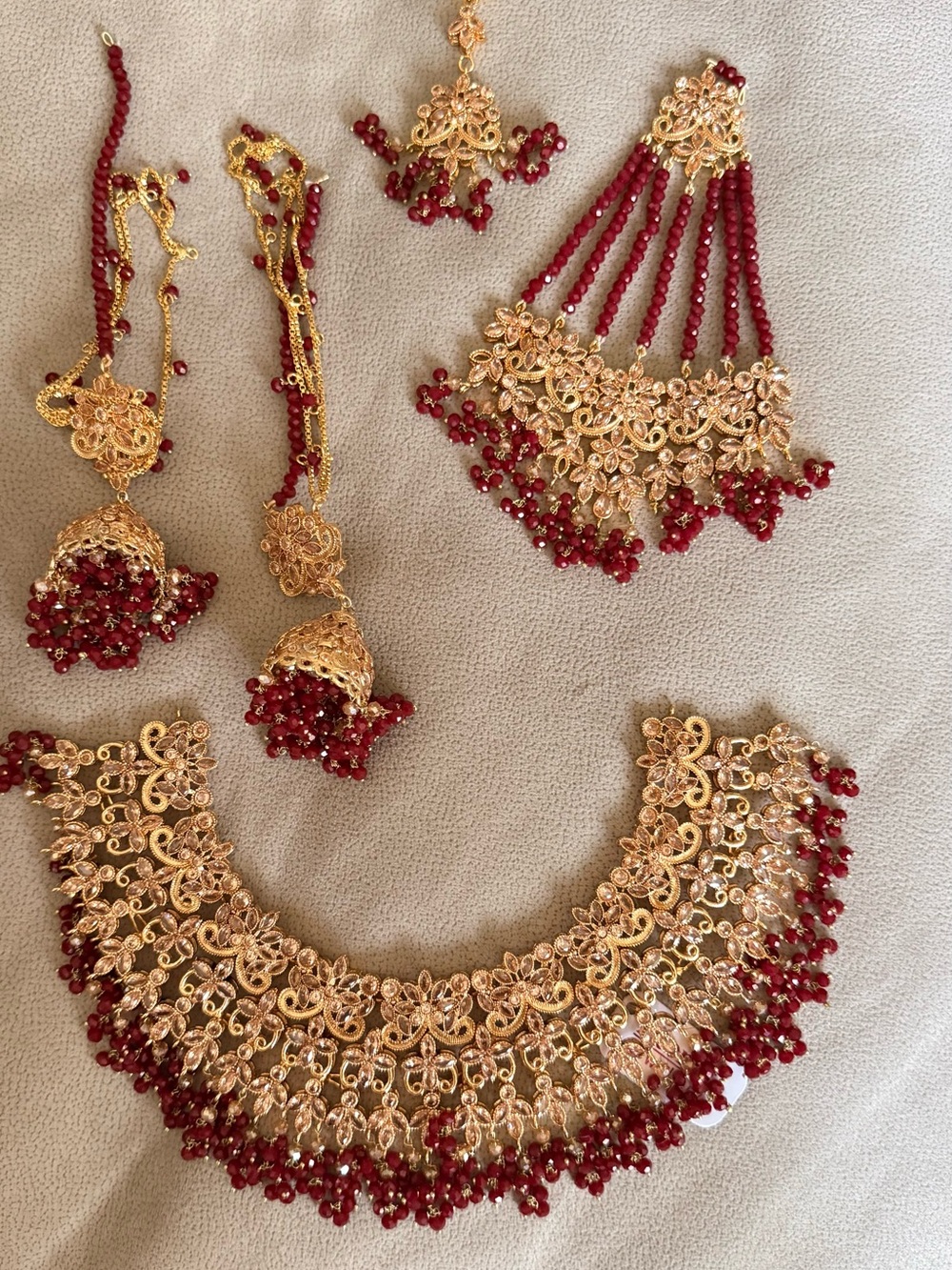Pakistani Gold and Maroon Bridal Jewelry Set,Elegant Women's Necklace & Earrings